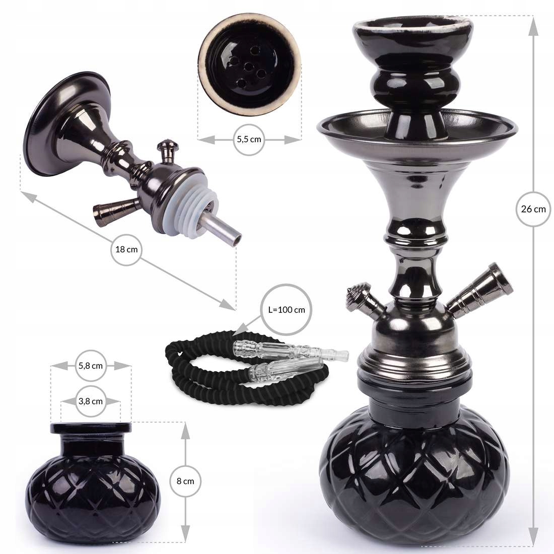 Shisha 27 cm czarna z wężykiem i akcesoriami startowymi