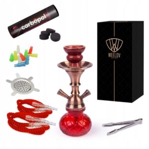 Czerwona shisha 27 cm z dwoma wężami i akcesoriami