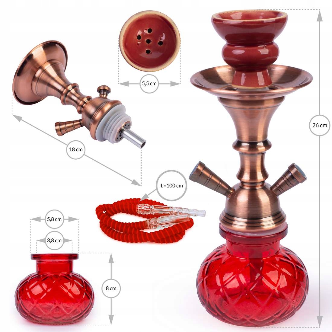 Czerwona shisha 27 cm z dwoma wężami i akcesoriami