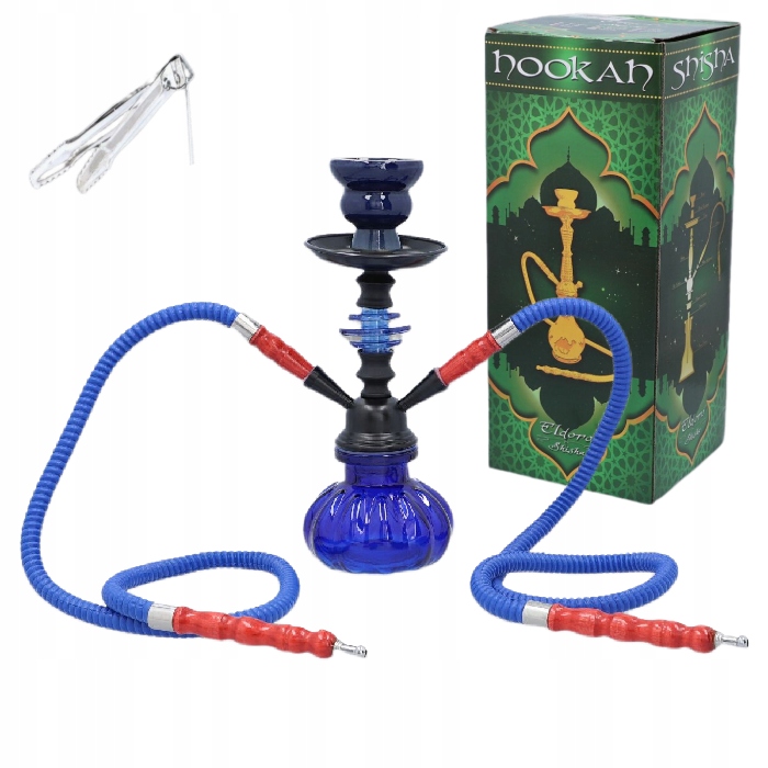 Niebieska shisha 27 cm z dwoma wężami i akcesoriami