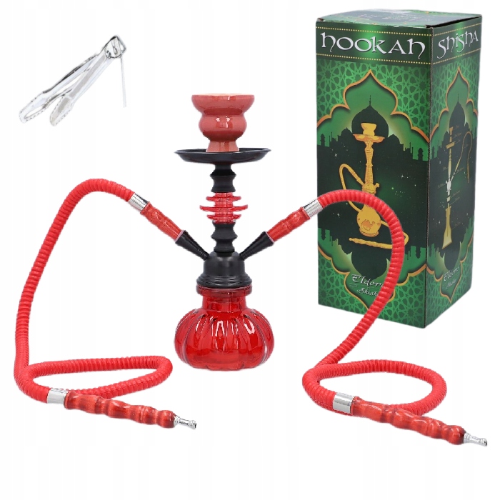 Czerwona shisha 27 cm z dwoma wężami i akcesoriami