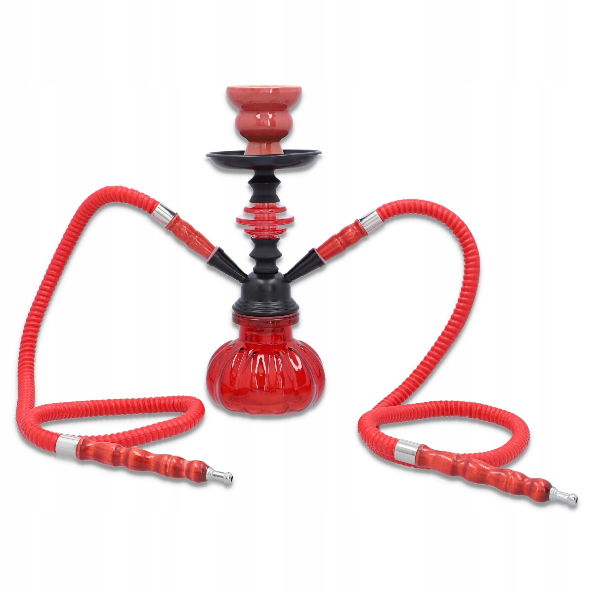 Czerwona shisha 27 cm z dwoma wężami i akcesoriami