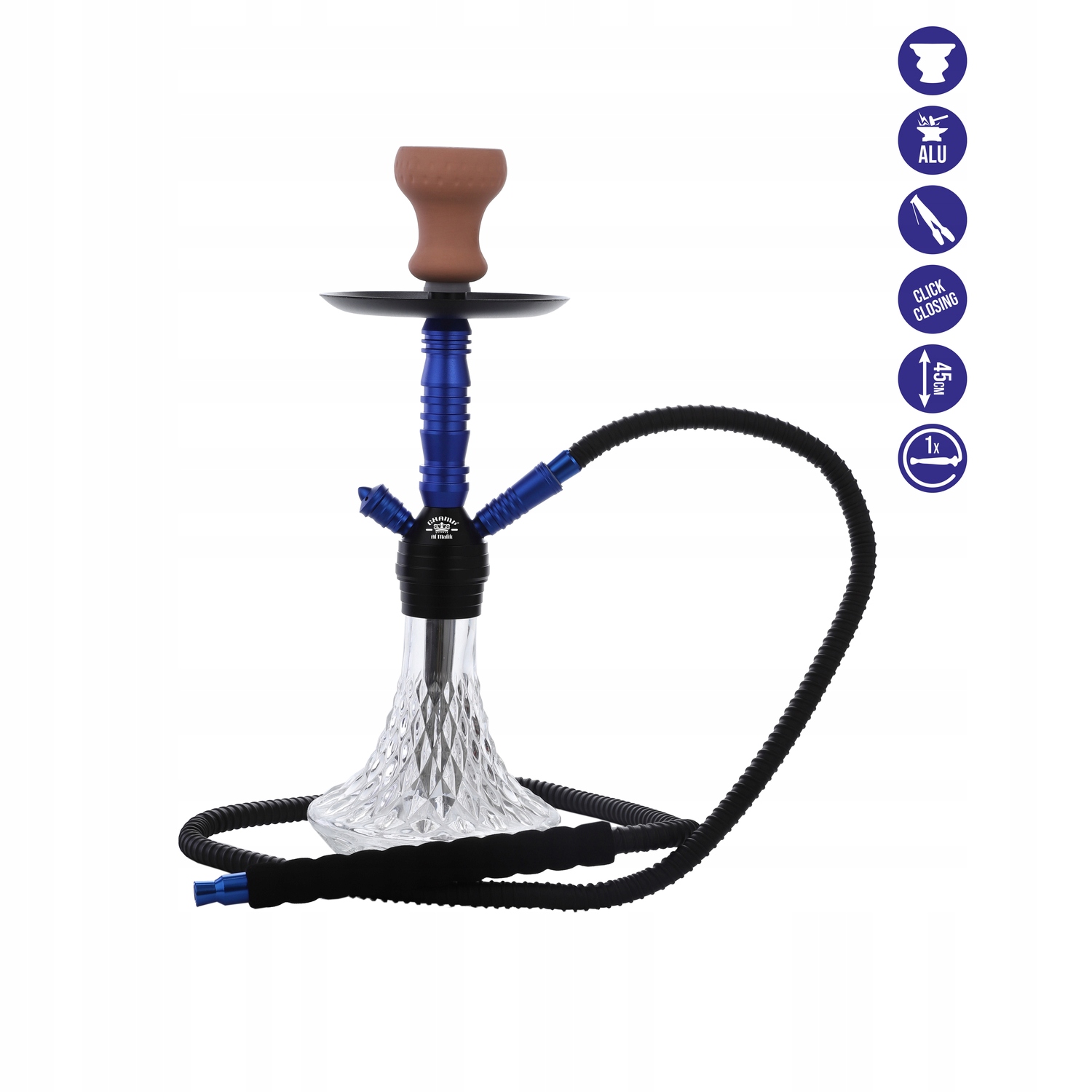 Shisha Al Malik Tiddas 45 cm z niebieskim korpusem i kryształowym dzbanem