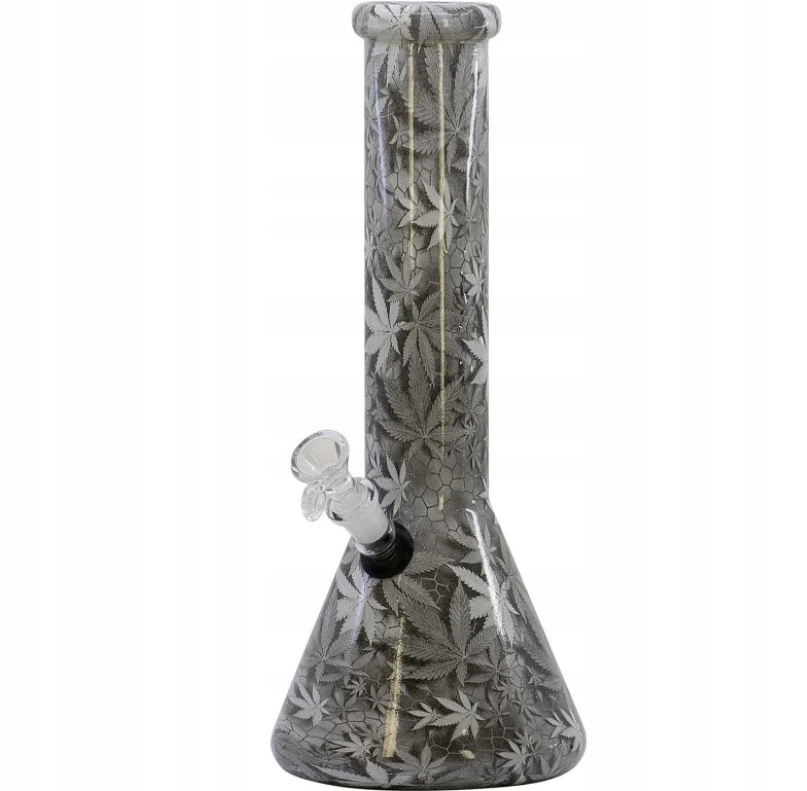 Szklane bongo 32 cm z ciemnym wzorem liści konopi