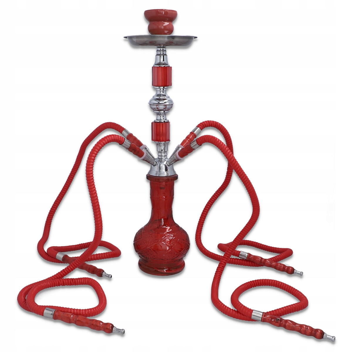 Czerwona shisha 44 cm z czterema wężami i szklanym dzbanem