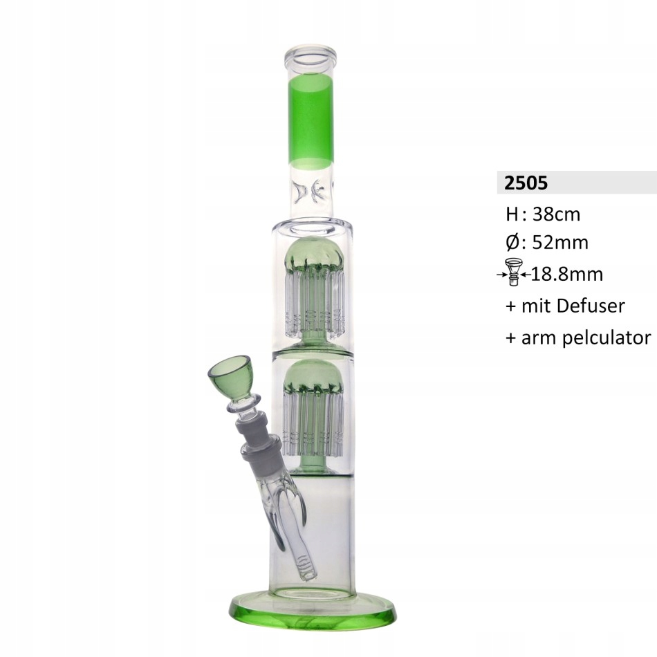 Zielone szklane bongo 38 cm z dyfuzorem i podwójnym perkolatorem