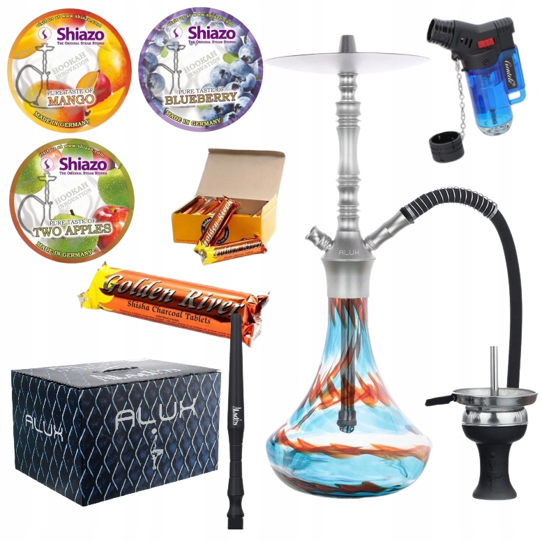Zestaw Shisha Aladin Alux 2.1 Turquoise 58 cm z palnikiem, węgielkami i kamieniami Shiazo
