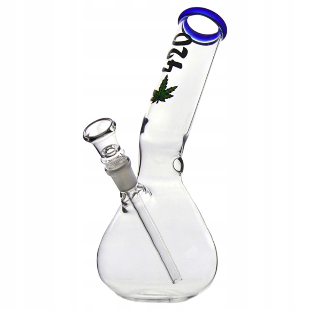 Szklane bongo 24 cm ze sprzęgłem, niebieskim ustnikiem i nadrukiem 420