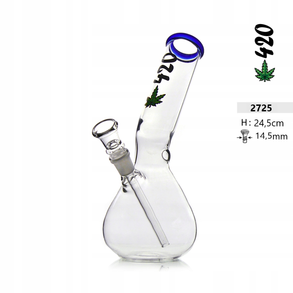 Szklane bongo 24 cm ze sprzęgłem, niebieskim ustnikiem i nadrukiem 420