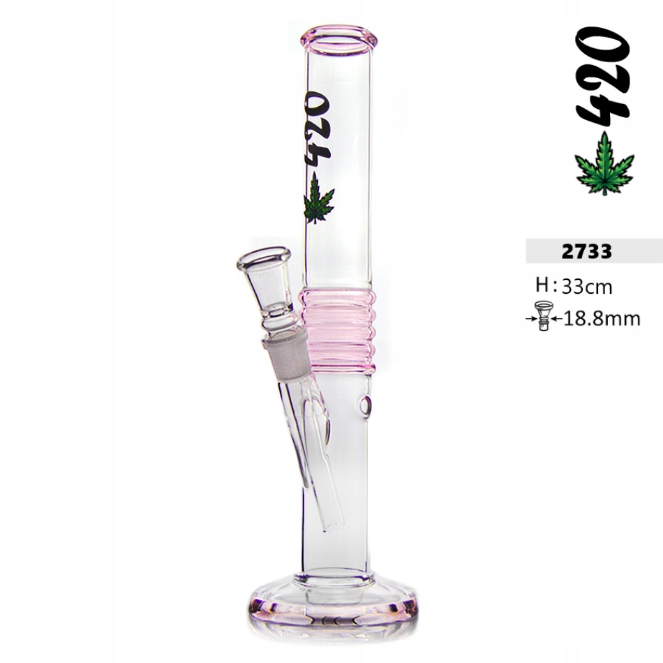 Szklane bongo 420 33 cm z różowymi wstawkami i nadrukiem liścia konopi