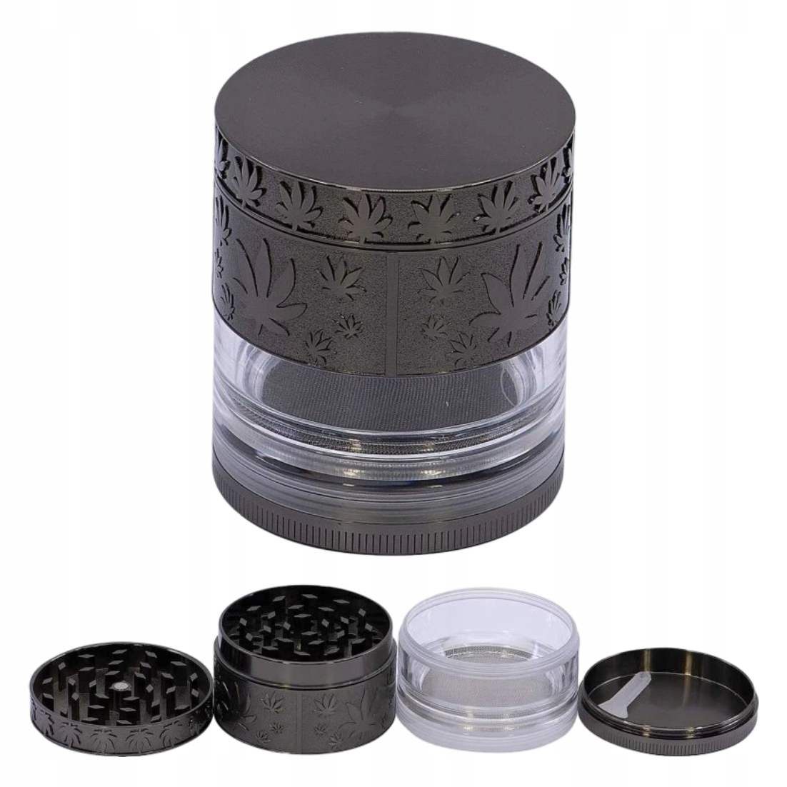 Młynek metalowy 4-częściowy 52 mm z przezroczystym pojemnikiem i łopatką