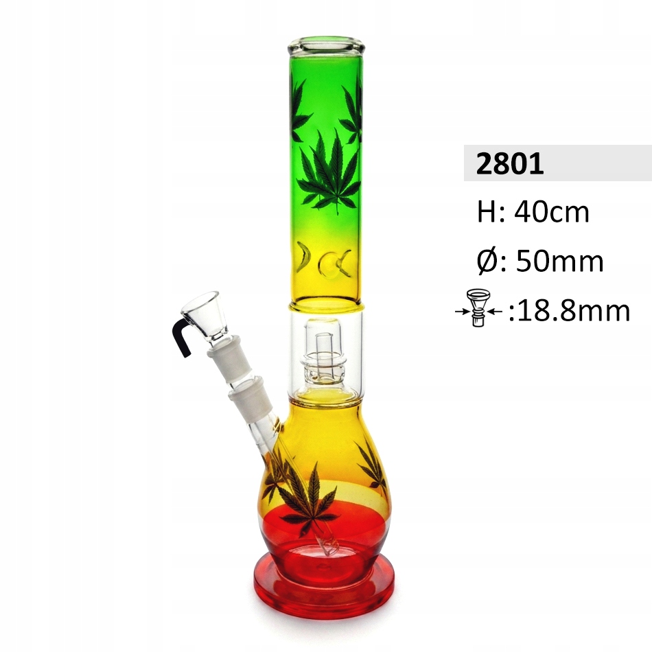 Duże szklane bongo Rasta 40 cm z perkolatorem i motywem liści