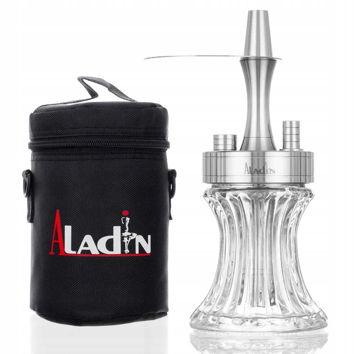 Shisha Aladin 2Go 22,8 cm srebrna z przezroczystym dzbanem i etui