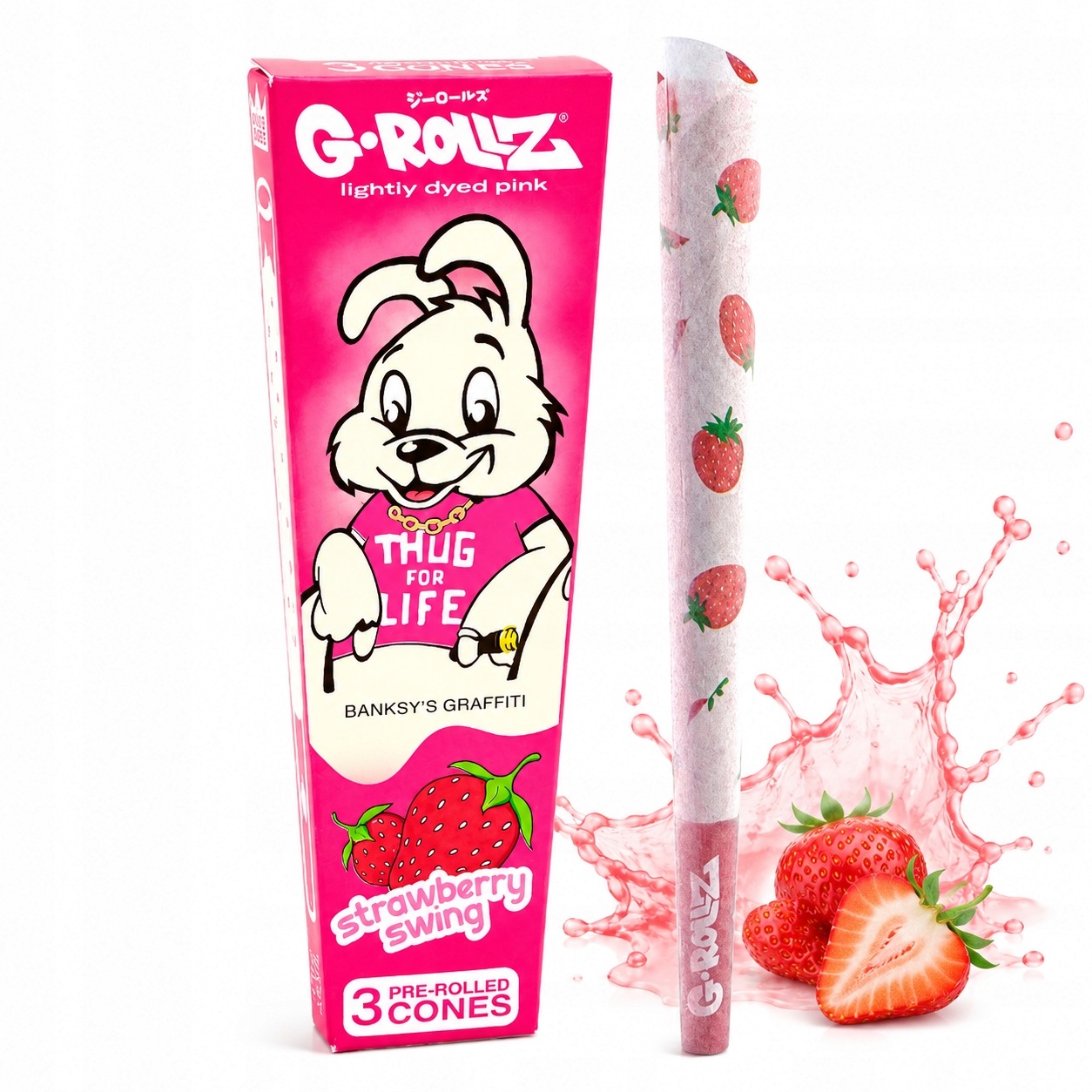 Różowe bibułki G-Rollz Banksy Strawberry Swing King Size z motywem truskawek
